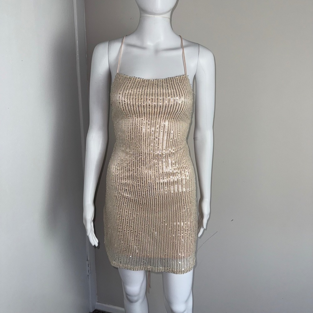 Commense Sequin Mini Dress Party Cocktail Bodycon Backless Laced Size S